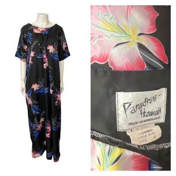1980s Floral Hawaiian Muumuu Maxi Dress Boatneck / Women’s Medium - Picture 1 of 5